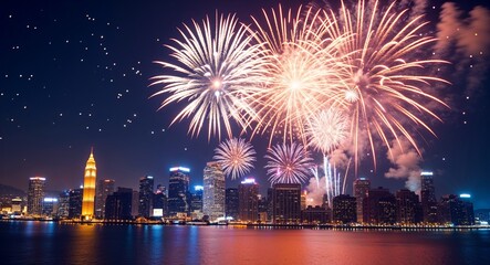 Fireworks Exploding Over a City Skyline on a Festive Holiday Night