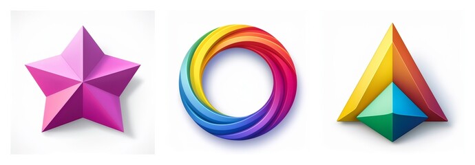 Aufkleber - Three dimensional shapes image features a pink star, a rainbow swirl circle, and a colorful pyramid triangle, all with a glossy, modern appearance.