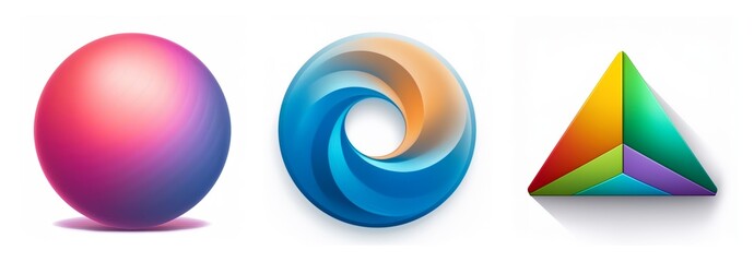 Aufkleber - Three distinct shapes are showcased: a gradient sphere, a swirling circle, and a segmented triangle.  Each form presents a unique design with vibrant colors.