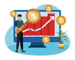 Poster - sales index concept. man analysis and financial indicators.