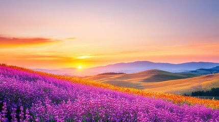 Fototapete - Macro flowers landscapes idea. A breathtaking sunset over a vibrant lavender field under a colorful sky.