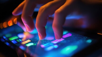 Poster - A person touching and using a smart phone in the darkness