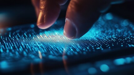 Poster - Human finger gently touches a glowing digital fingerprint scanner
