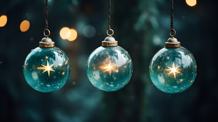 Poster - Three festively colored christmas ornaments hanging beautifully from a string illuminated by ethereal cosmic light.