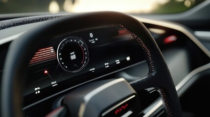 Poster - Closeup view of a modern cars dashboard and steering wheel