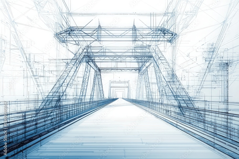 Detailed blueprint of a bridge under construction, showcasing intricate lines and geometric shapes.