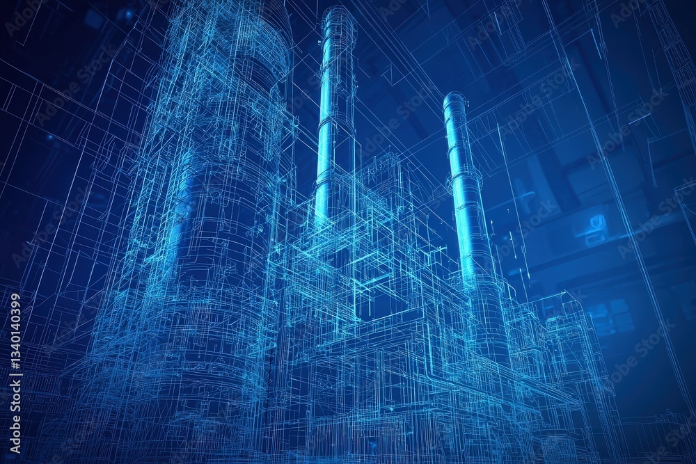 This digital representation features a highly intricate blueprint of a power plant, highlighting its towering smokestacks and various interconnected systems.