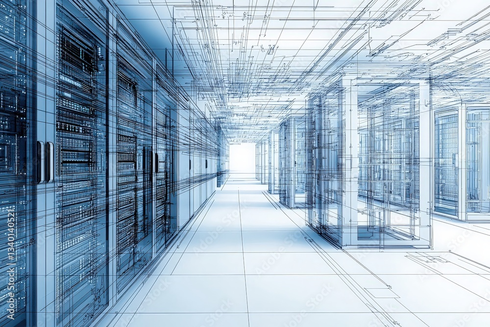 A modern data center corridor lined with servers showcases intricate network designs and connections.