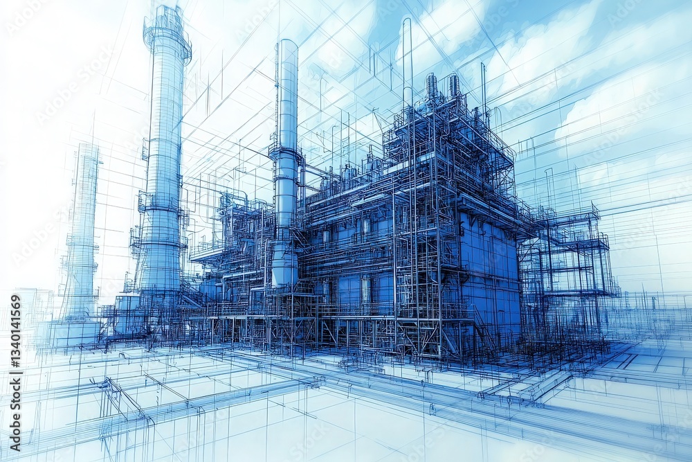 This blueprint showcases a complex industrial facility with intricate details of smokestacks and structures. The design features a network of pipes and platforms in a systematic layout.