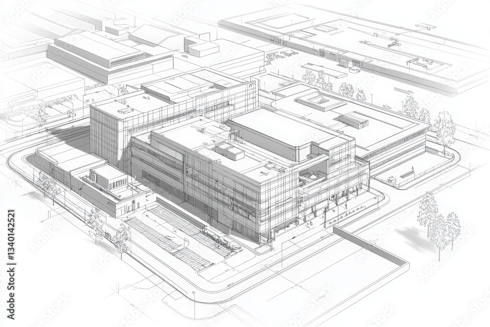 A detailed architectural blueprint showcases a modern commercial complex with multiple buildings and clear design features.