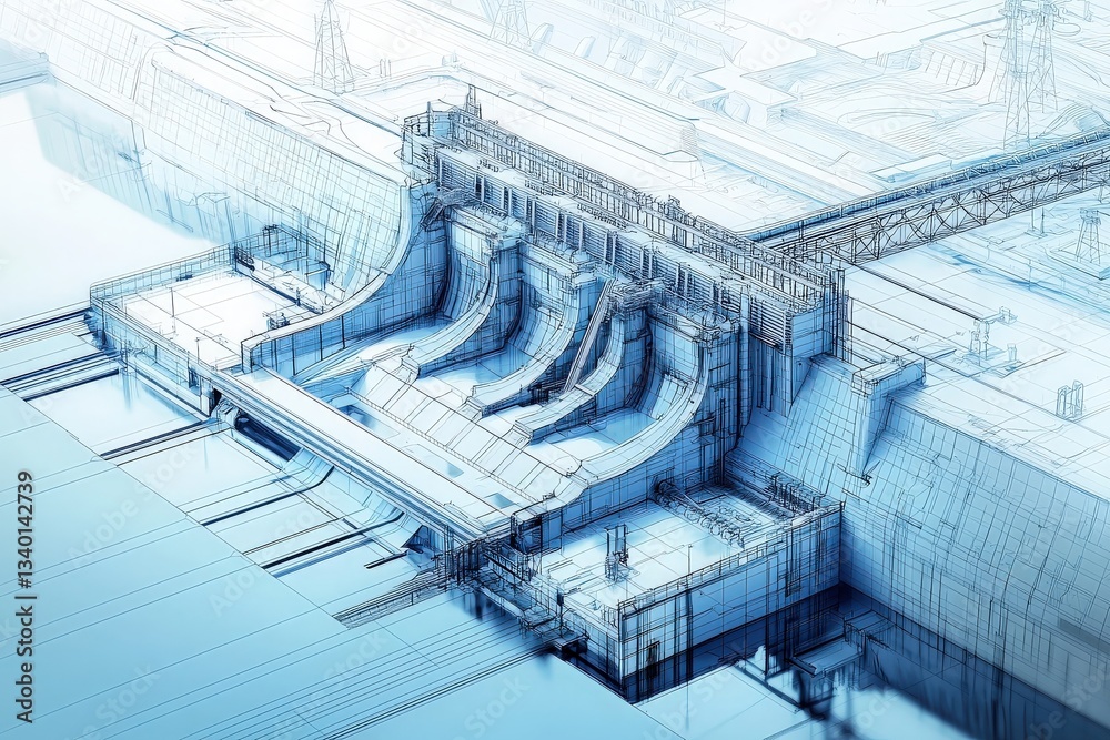 Conceptual blueprint depicts detailed design of a hydroelectric dam with water reservoir. The illustration shows architectural plan of the power generation infrastructure.
