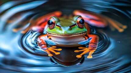Poster - Colorful tree frog in rippling water close-up, vibrant and serene concept