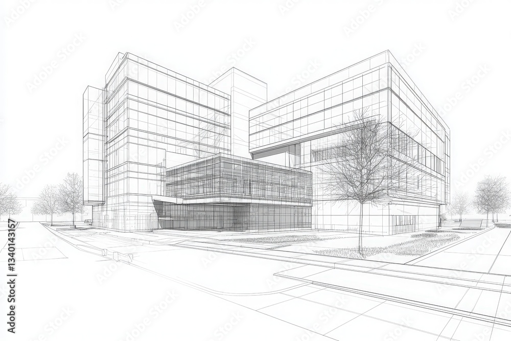 A detailed architectural sketch showcases a contemporary multi-story office building design with glass facades and sharp angles. Trees line the surrounding area, adding greenery to the scene.