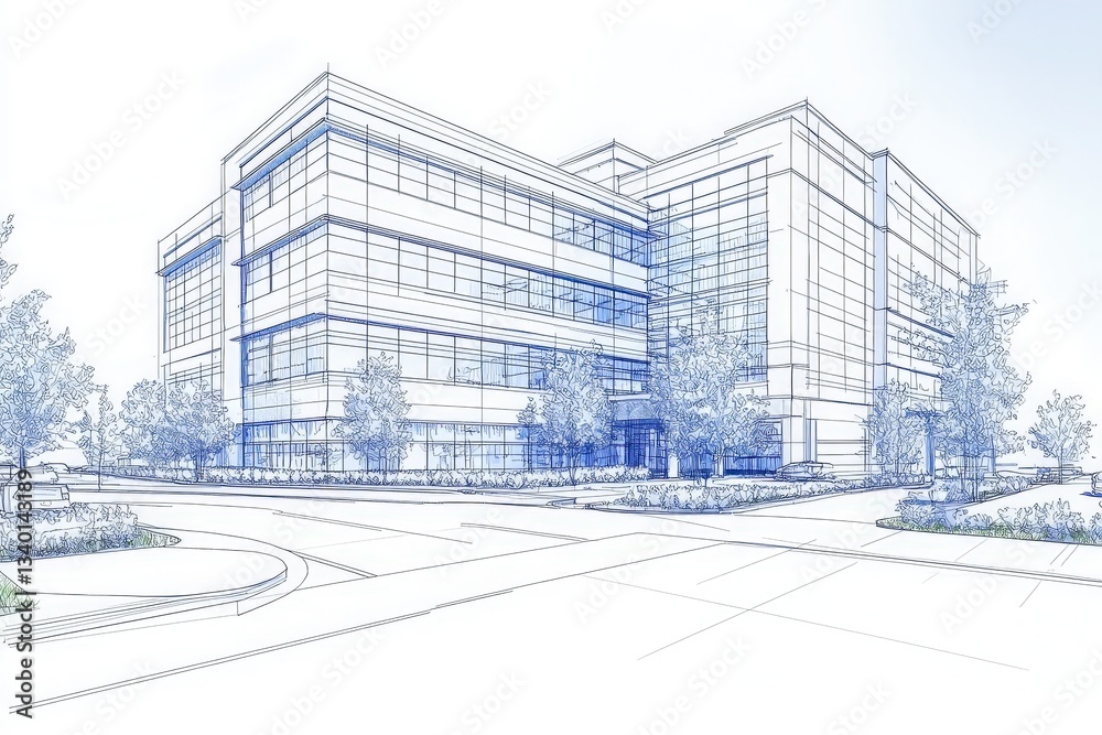A detailed architectural blueprint showcases a modern office building with large glass windows.