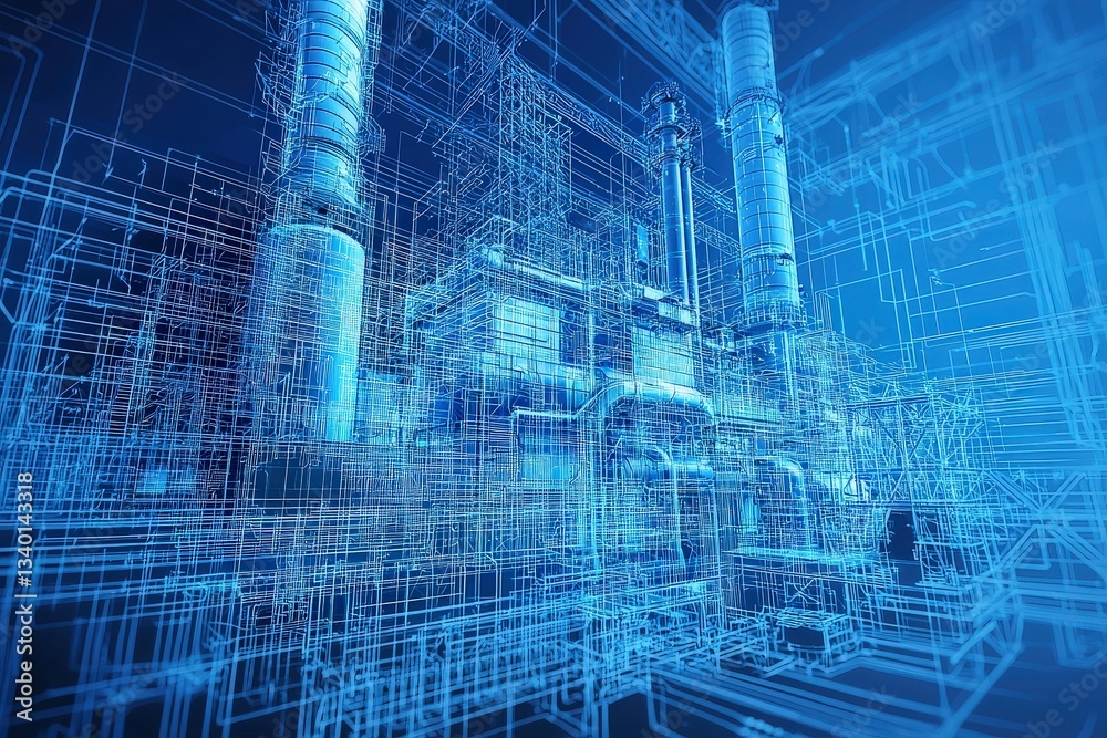 An intricate blueprint design showcases an industrial plant, highlighting detailed pipelines, structural elements, and machinery. The digital rendering features a blue color scheme for clarity.