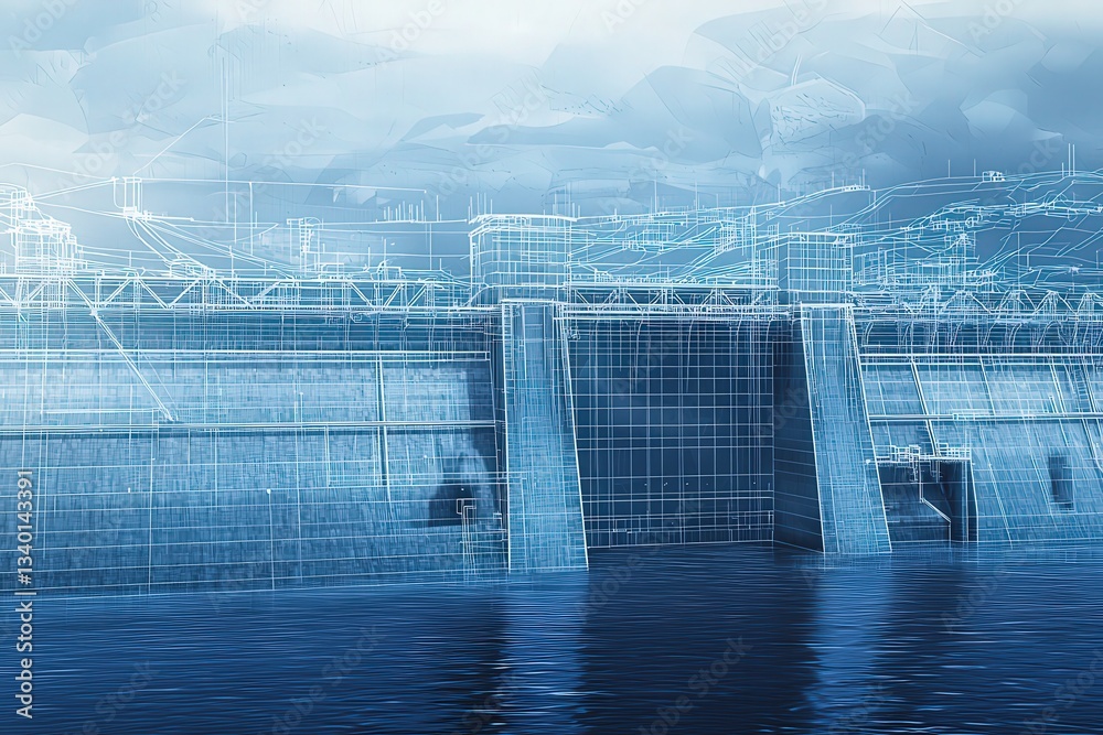 A blueprint style illustration displays a large dam structure set against a serene water backdrop. Its intricate engineering details emphasize the design elements clearly.