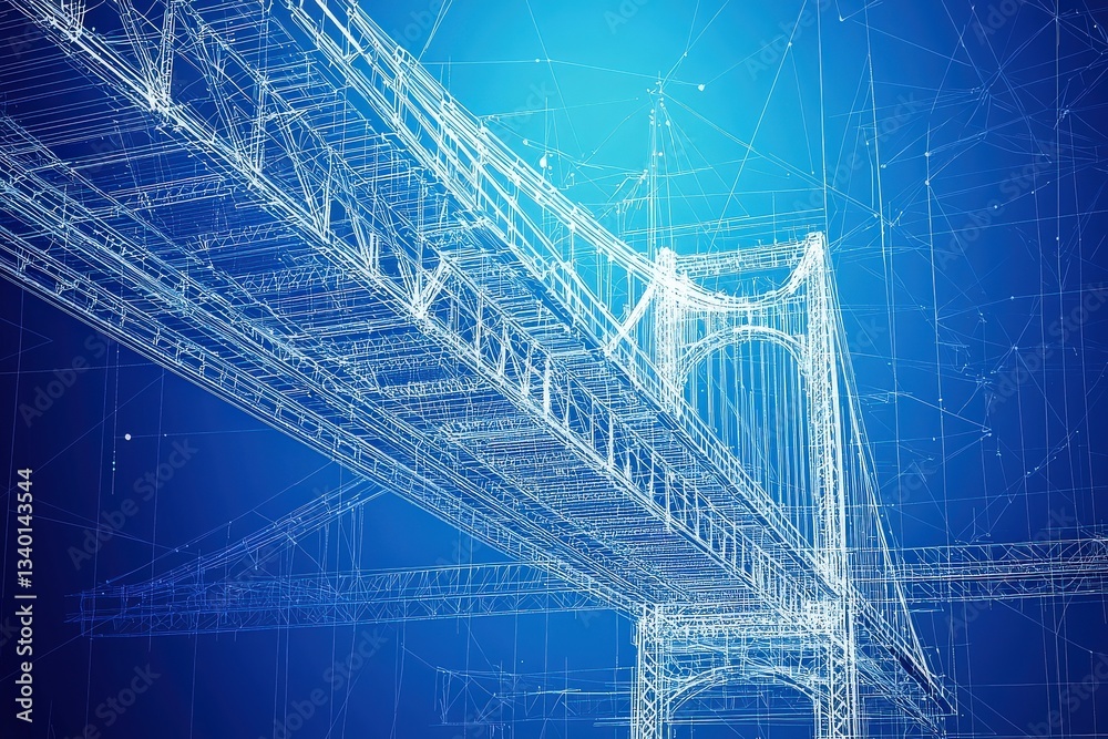 The blueprint illustrates a detailed design of a bridge against a blue background. Structural elements, lines, and geometric shapes reflect engineering precision and creativity.