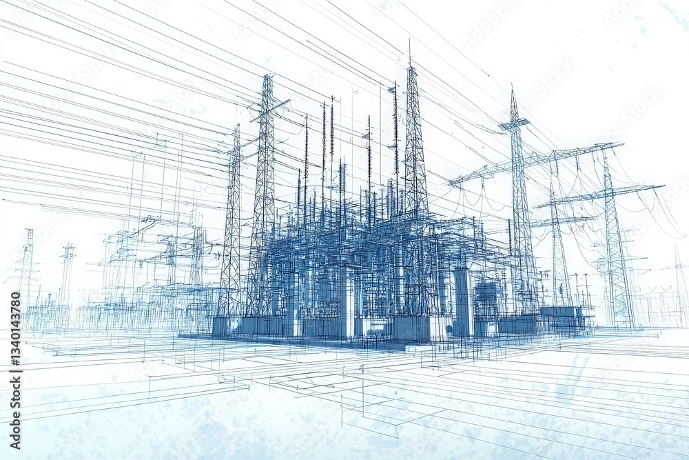 Detailed digital illustration of a modern electrical power station showing various structures and power lines. The design emphasizes the complexity and scale of energy infrastructure.