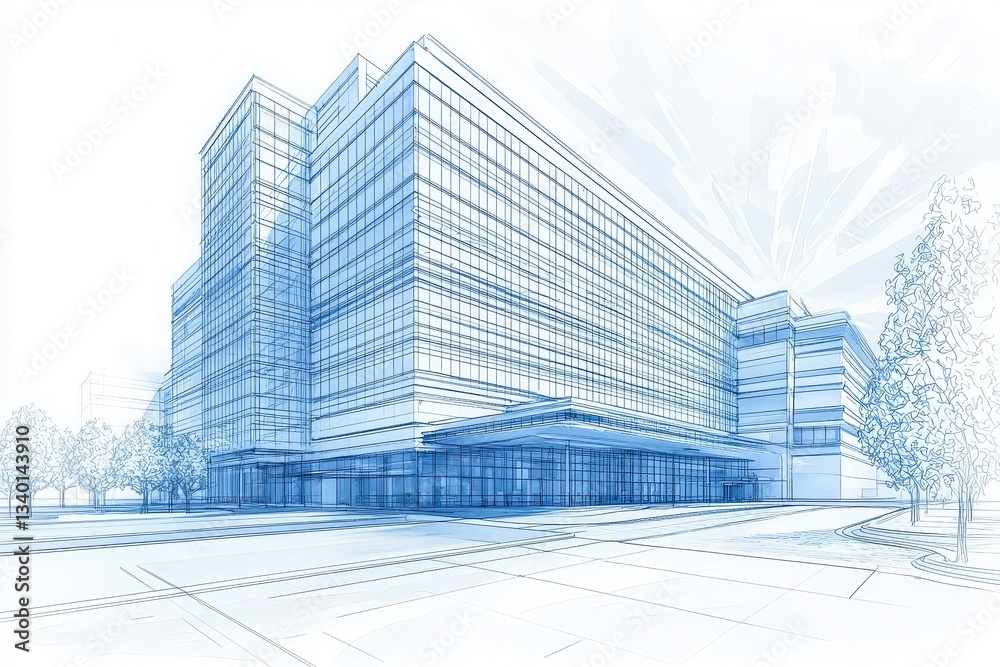 A detailed blue line drawing showcases a contemporary multi-story building with large glass windows. The design features a distinctive facade and surrounding greenery, hinting at urban sophistication.