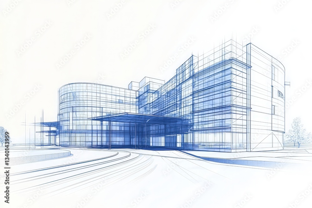 This design illustrates a modern building with a unique curved shape, featuring extensive glass elements and a stylish entrance. The outline emphasizes the intricate details of the architecture.