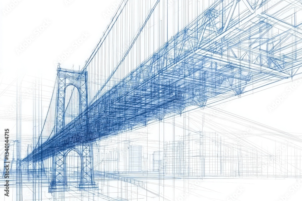 Intricate blueprints illustrate a contemporary bridge structure above a city skyline. The design showcases engineering elements in a clean, technical style that highlights urban architecture.