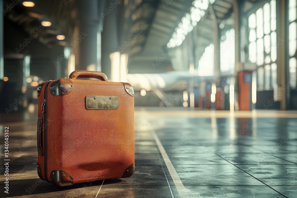An orange suitcase stands alone on polished flooring in a spacious terminal filled with natural light. The atmosphere is calm, suggesting anticipation for travel.