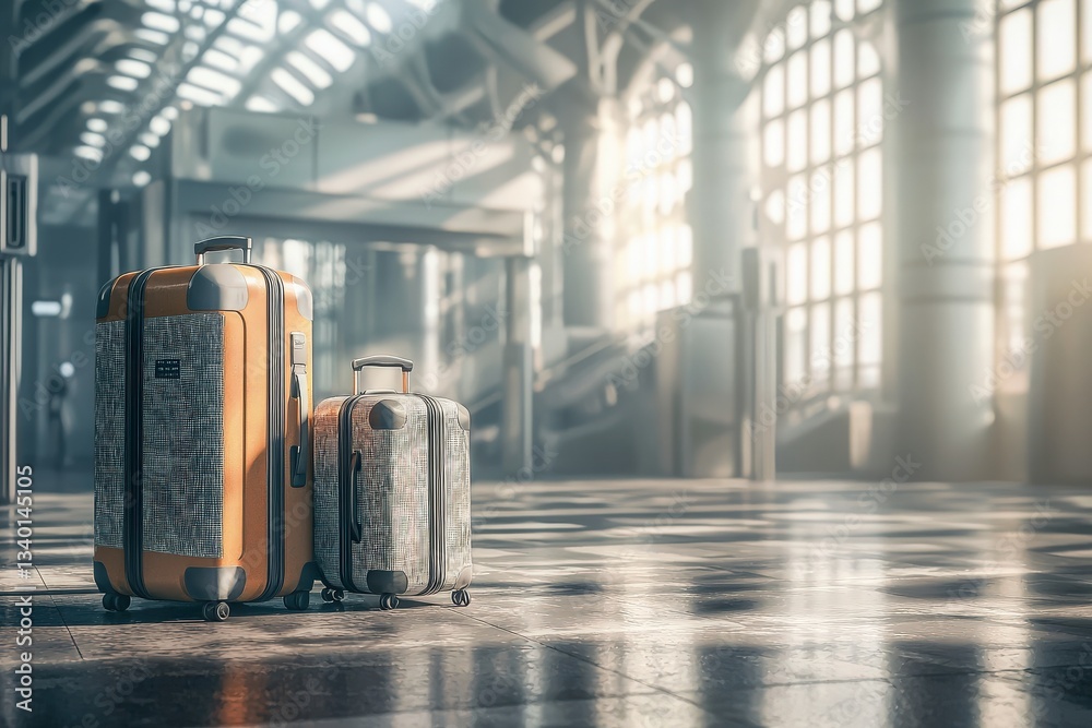 Two pieces of luggage stand on a polished floor in an airport, illuminated by soft sunlight filtering through large windows, creating a serene travel atmosphere.