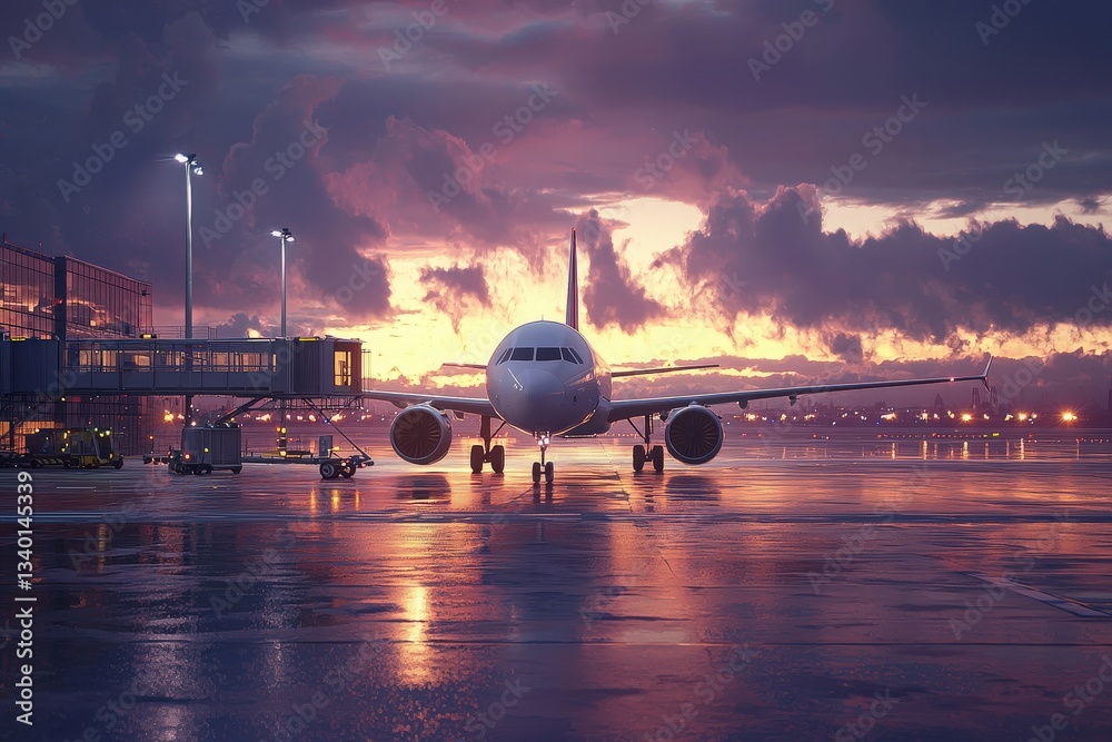 A modern airplane is parked in front of an airport terminal as twilight falls. The surface is wet, reflecting colorful clouds and lights, creating a dramatic atmosphere at dusk.