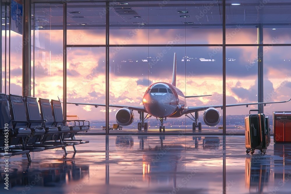 A commercial airplane is positioned at the airport gate against a colorful sunset. Passengers sit in chairs nearby, with luggage scattered around, suggesting travel and waiting.