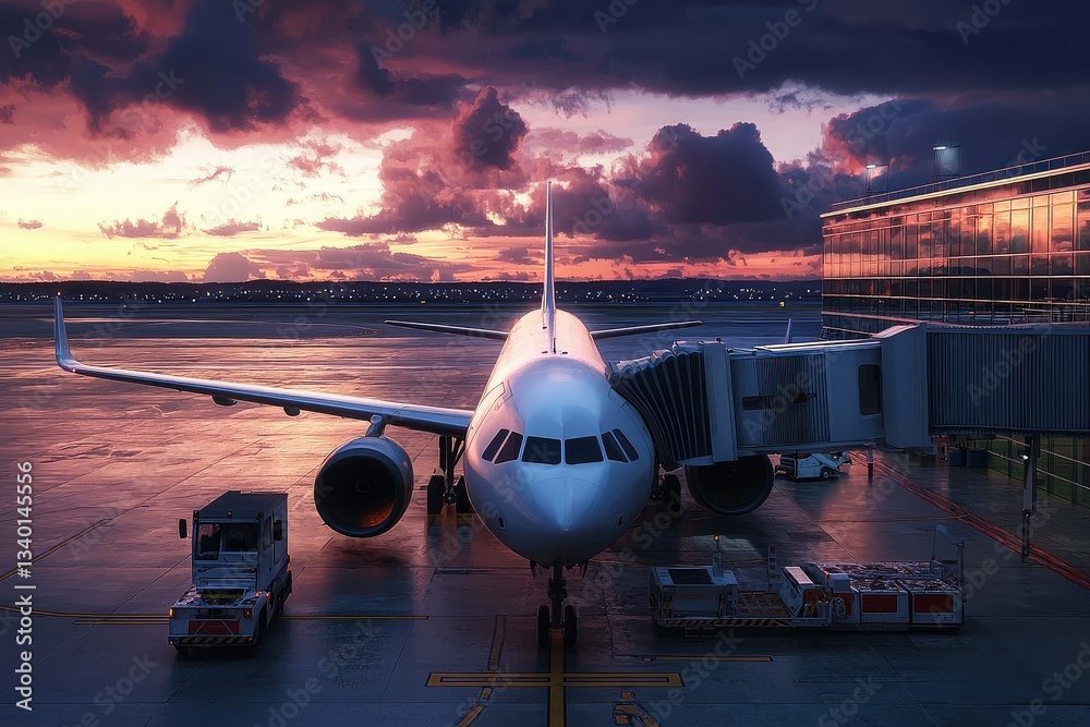 An airplane awaits at an airport gate during sunset, with vibrant clouds in the sky. Ground crew vehicles are seen nearby, ready for boarding operations as the day ends.