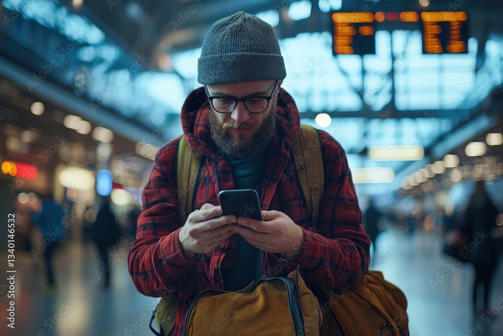 A man in a red checkered jacket and gray beanie focuses on his phone while standing in a crowded airport terminal. He has a backpack slung over his shoulder, surrounded by travelers.
