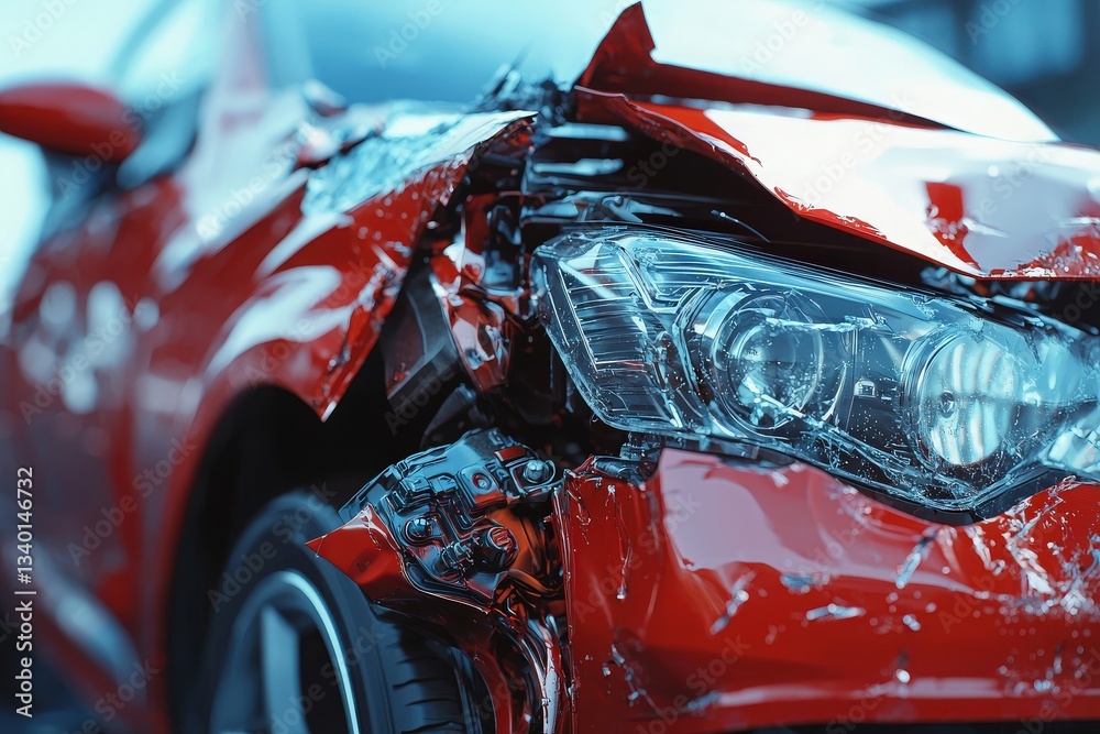 A red car shows extensive damage after an accident, with its hood crumpled and headlight shattered. The scene captures the aftermath of a collision, highlighting the impact on the vehicle.