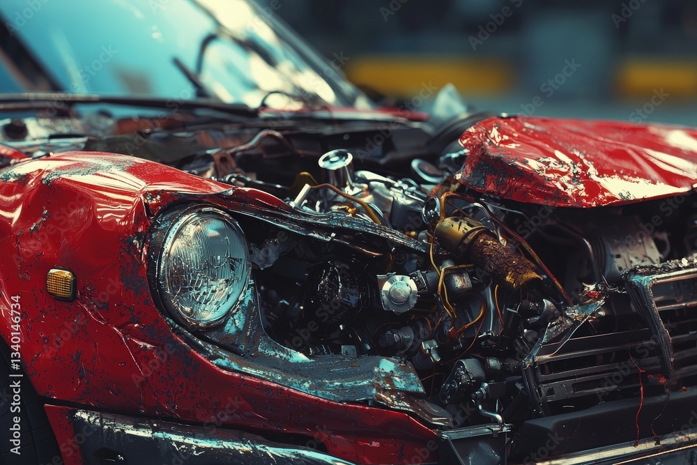 An old red car shows extensive damage as its hood is open, showcasing disarrayed engine parts. Surrounding urban elements add a gritty context to this vehicles unfortunate state.