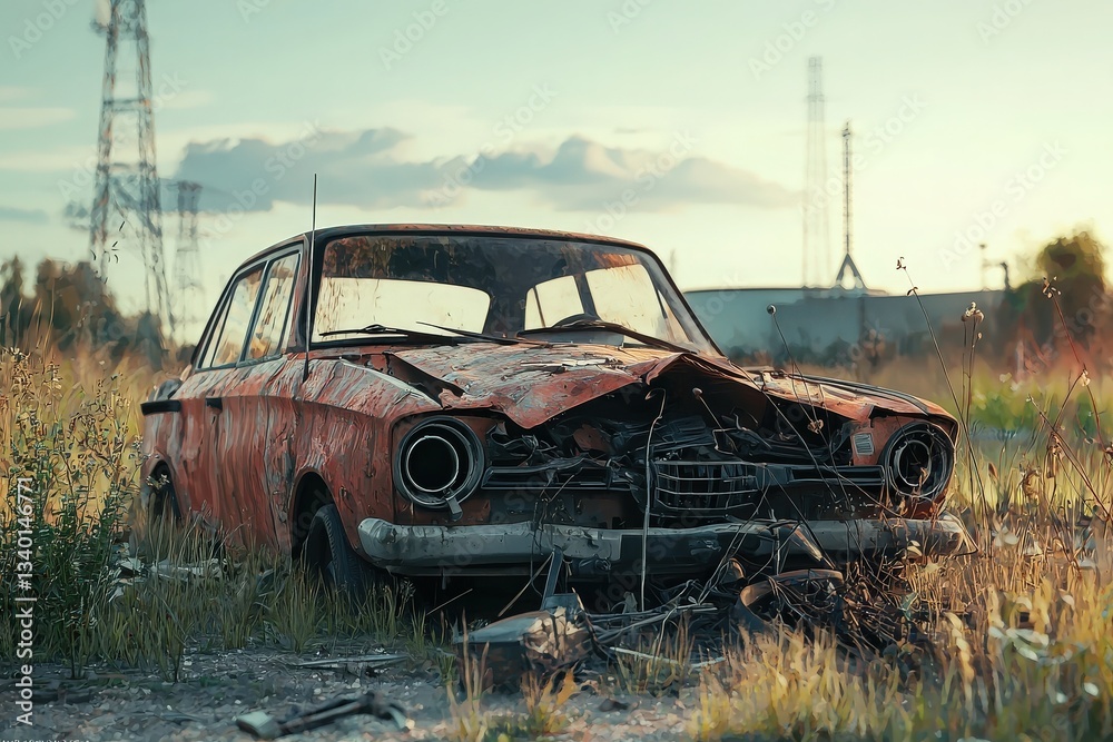An old, rusted car sits neglected in a field, surrounded by tall grass and wildflowers. The warm glow of sunset casts a golden hue over the vehicle and surrounding landscape.