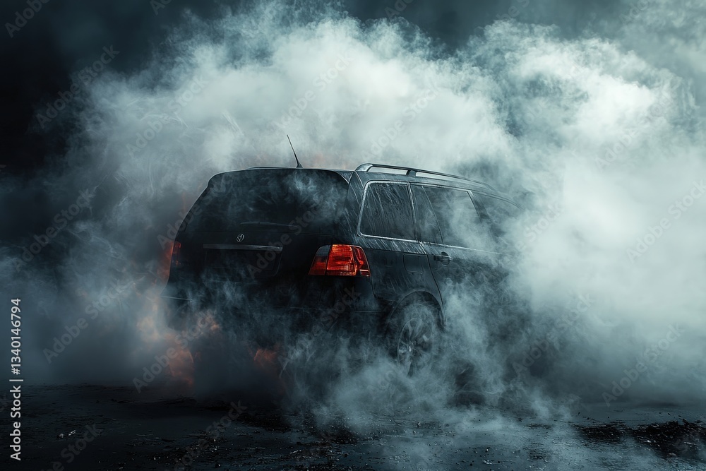 A black SUV gradually emerges from dense, swirling smoke in an urban setting. The atmosphere is thick and eerie, creating a sense of intrigue and mystery during the night.