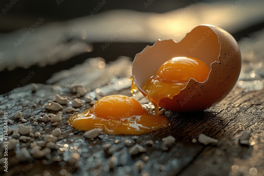 A cracked egg shell lies on a worn wooden surface, with golden yolks spilling out.