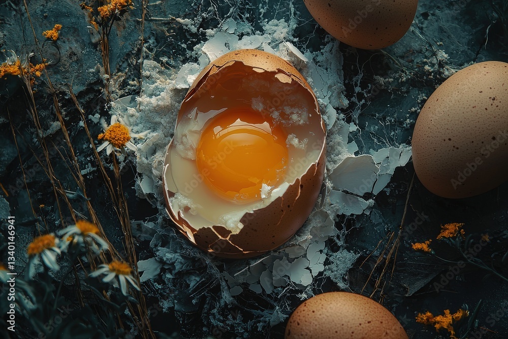 A broken eggshell lies on a dark surface, showcasing a vibrant yellow yolk inside. Surrounding it are unbroken eggs and delicate flowers, creating a rustic and natural ambiance.