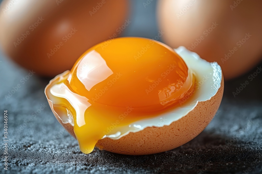 A freshly cracked egg reveals a bright yellow yolk and white on a dark textured surface. Other eggs are subtly positioned in the background, creating a simple yet striking display.