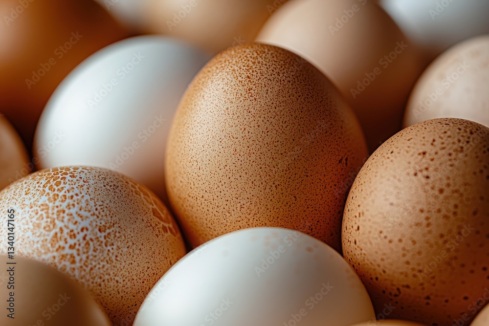 A close-up view of a variety of eggs with smooth and speckled surfaces resting together. The colors range from brown to white, showcasing subtle textures and shades in soft lighting.