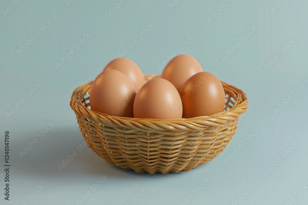A woven wicker basket holds six smooth brown eggs, strategically arranged to highlight their natural shape and color against a soft light blue backdrop, creating a serene atmosphere.