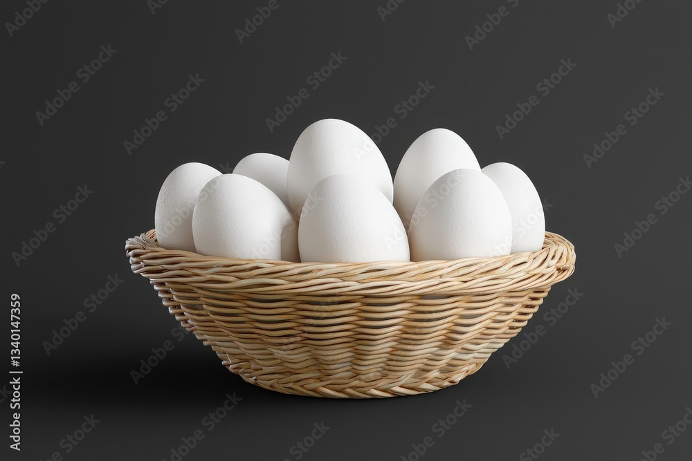 A woven basket holds several white eggs, showcasing their smooth and clean appearance. The dark background enhances the simplicity and elegance of the display.