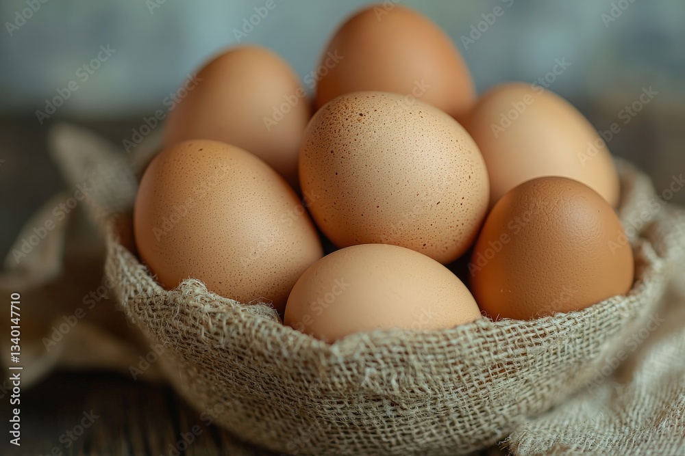 A burlap basket filled with fresh brown eggs sits on a rustic wooden table. The eggs vary in size and are nestled together, creating a natural and cozy appearance.