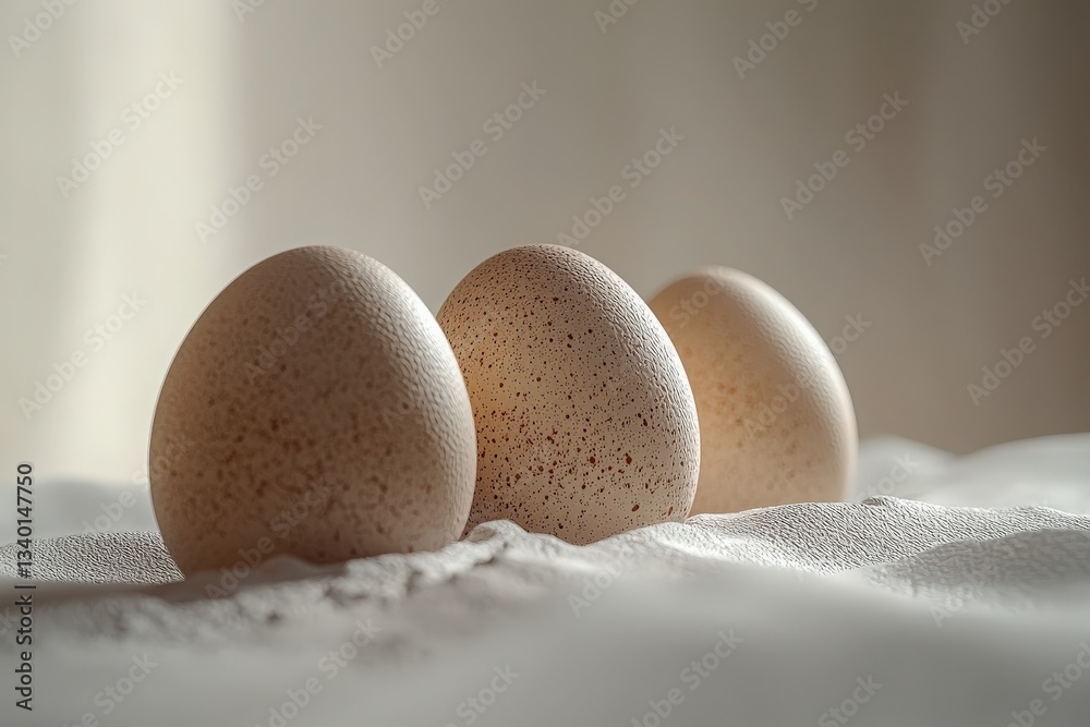 Three speckled eggs sit closely together on a smooth, light-colored texture. The natural light creates gentle shadows, highlighting the subtle details of the eggs surface.
