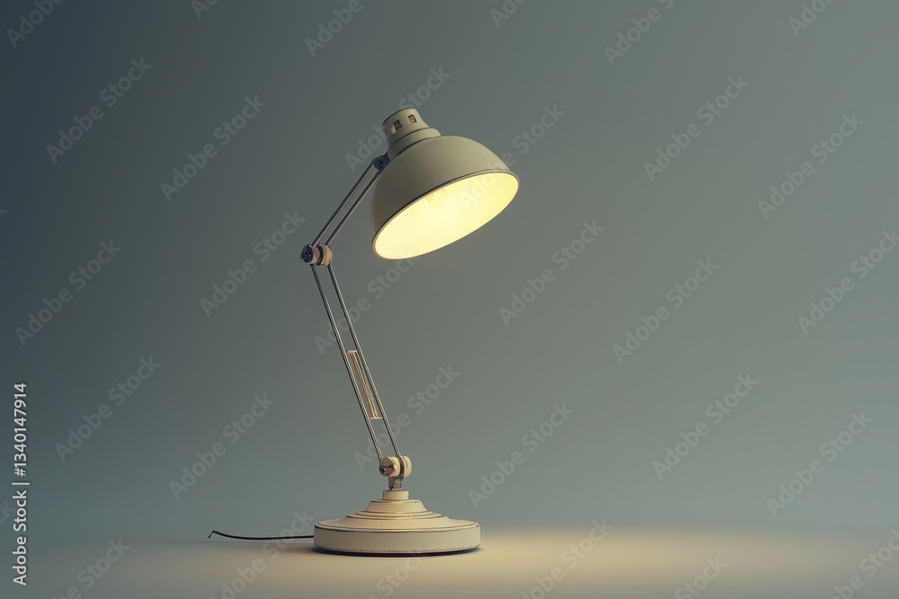 A modern desk lamp stands elegantly on a minimalistic table. The soft, warm light from the lamp creates a soothing atmosphere perfect for reading or working. The setting is serene and uncluttered.