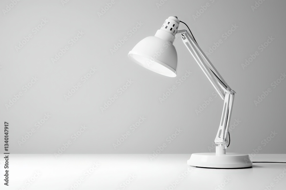 A sleek white desk lamp stands proudly on a clean, minimalistic surface against a neutral backdrop. The lamps arm is adjustable, allowing for varied light direction.