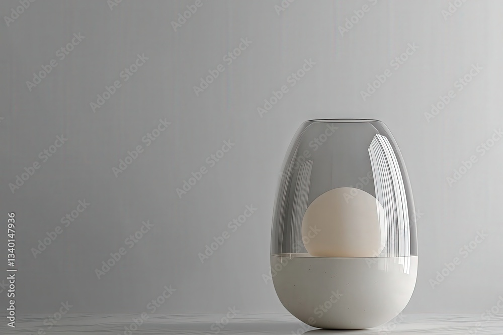 A sleek, modern glass vase holds a white spherical object. The minimalistic design emphasizes simplicity and elegance against a plain background, creating a tranquil atmosphere.