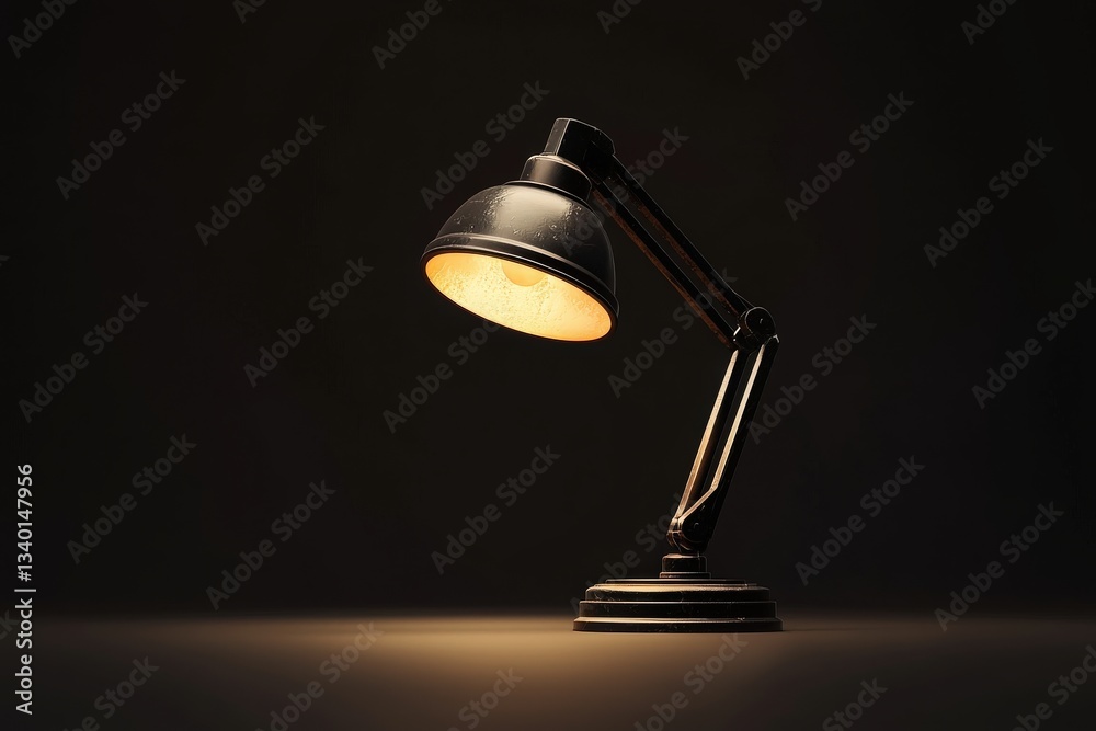 A stylish black desk lamp stands on a surface, casting a soft, warm light in a darkened environment. The design features a flexible arm, enhancing its modern appeal and functionality.