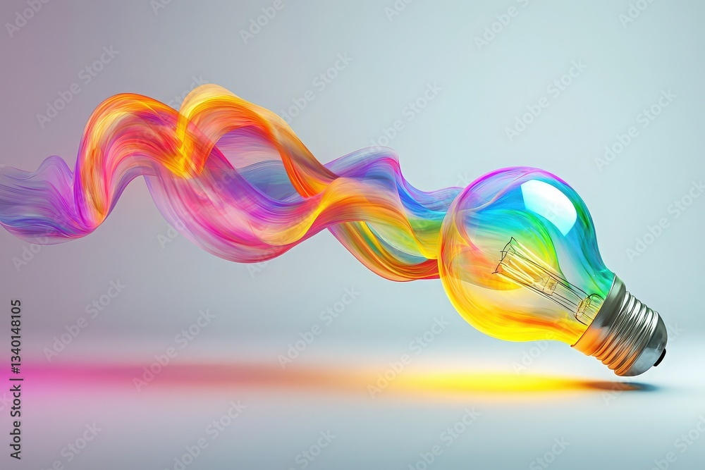 A vibrant light bulb lies on its side, releasing colorful swirls of energy that flow in various hues. The imaginative formation showcases creativity and innovation.