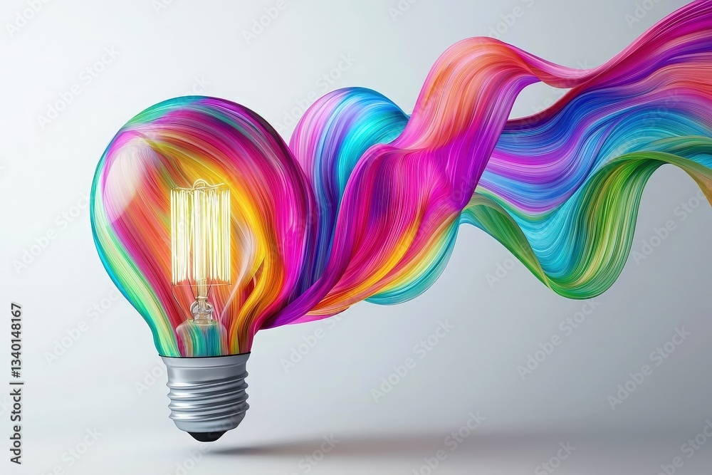 A light bulb glows with warmth as colorful, swirling waves of paint emerge from it. The vivid hues create an energetic and imaginative atmosphere, inviting creativity and inspiration.