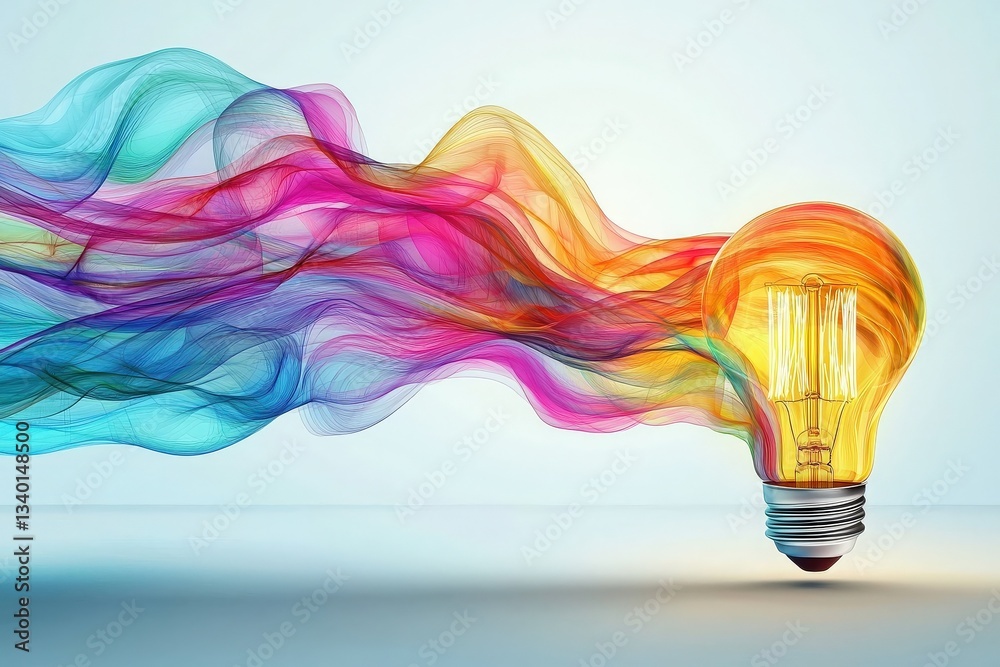 A brilliantly lit bulb emits colorful wisps of smoke in various hues. The dynamic flow of colors showcases creativity and innovation, evoking a sense of inspiration and energy.